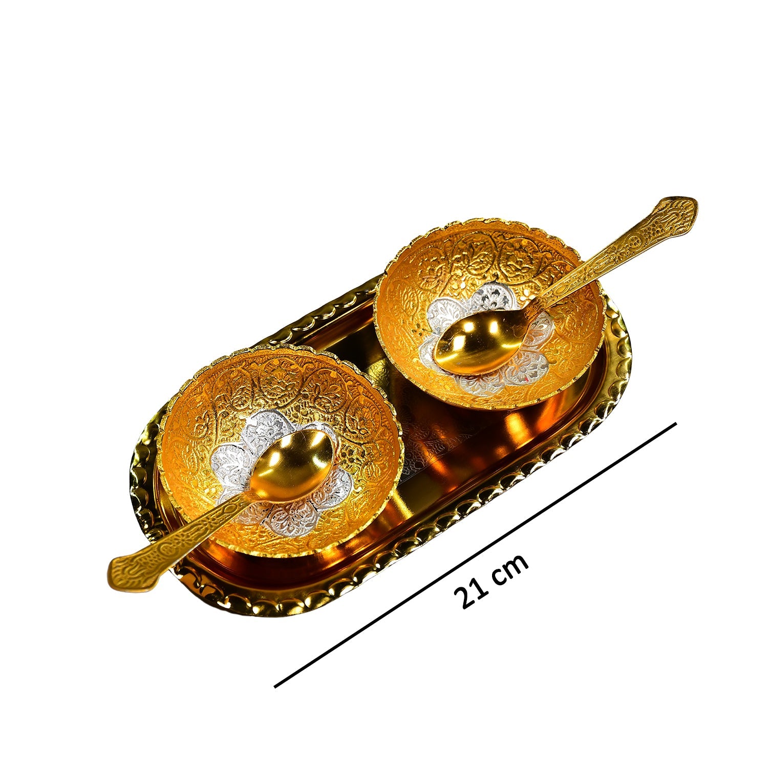 2947 Gold Silver Plated 2 Bowl 2 Spoon Tray Set Brass with Red Velvet Gift Box Serving Dry Fruits Desserts Gift DeoDap 2947 Gold Silver Plated 2 Bowl 2 Spoon Tray Set Brass with Red Velvet Gift Box Serving Dry Fruits Desserts Gift DeoDap